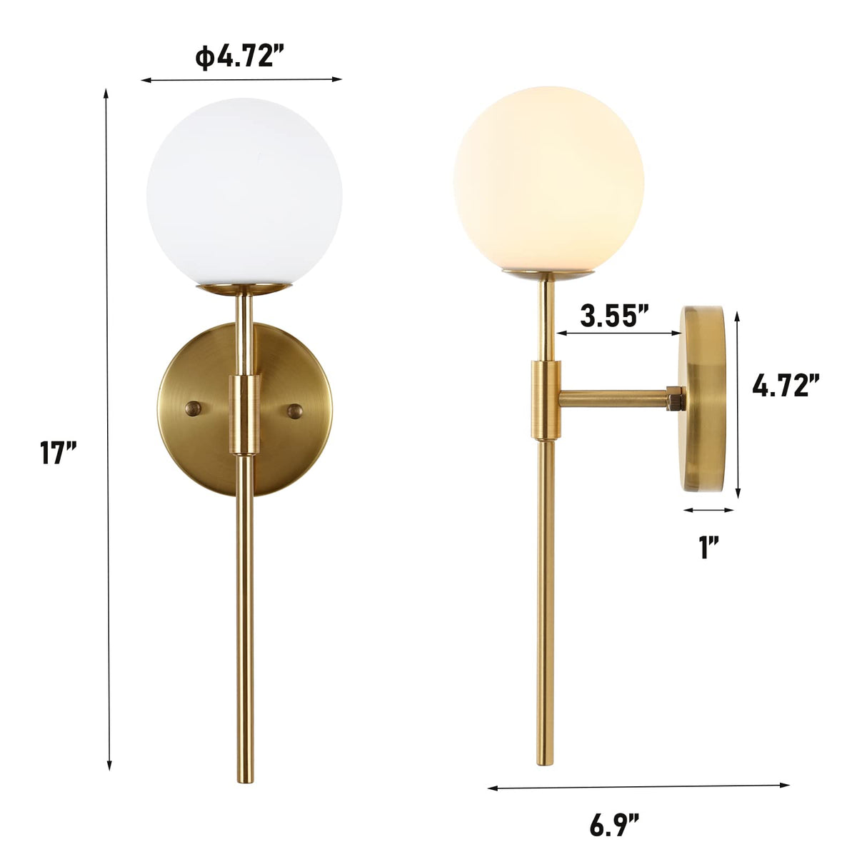 BYOLIIMA Gold Wall Sconce Set of 2 with White Globe Glass Shades