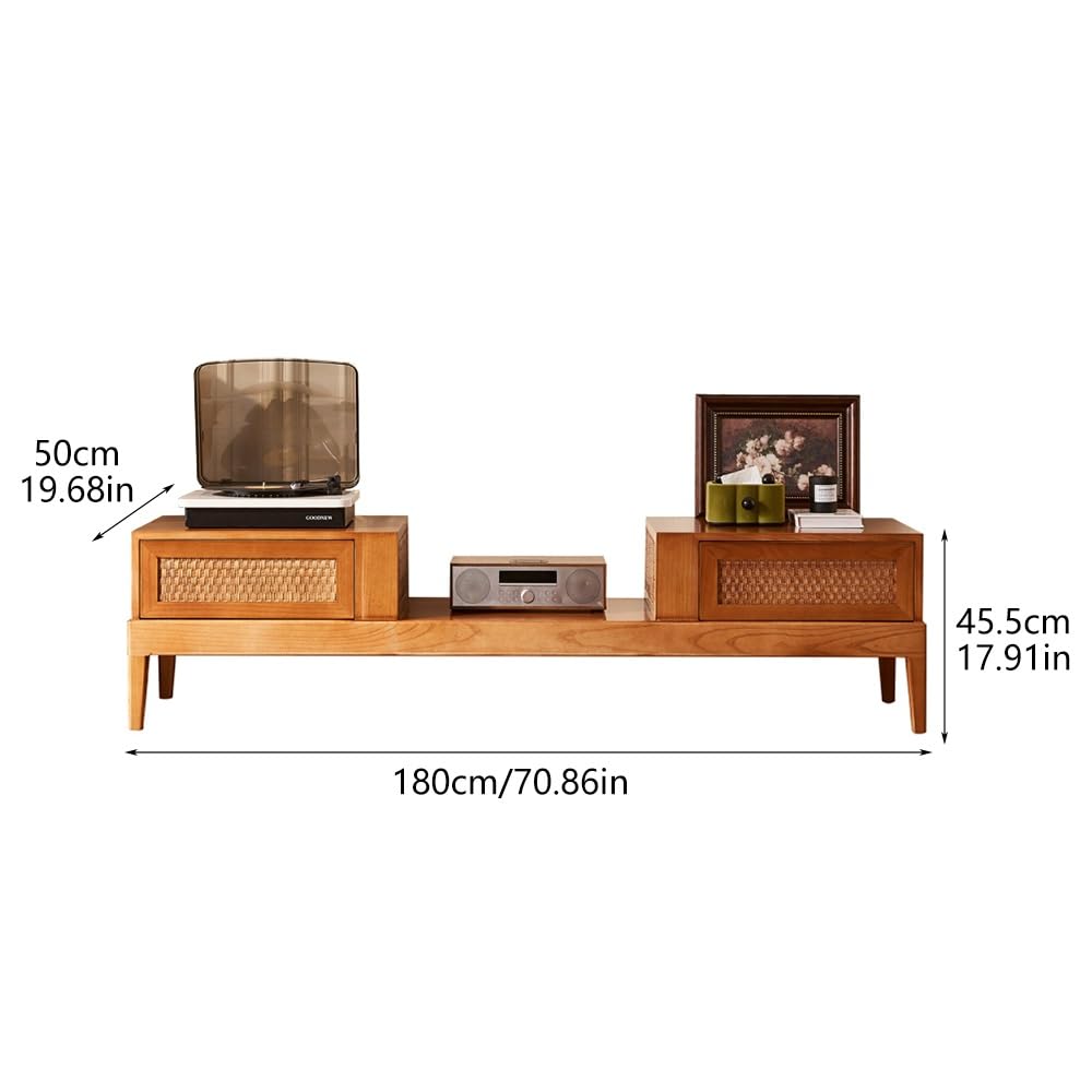 180cm Solid Wood Rattan TV Stand with Storage Cabinet