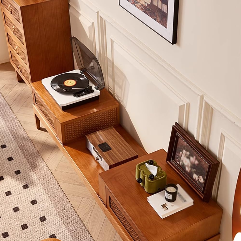 180cm Solid Wood Rattan TV Stand with Storage Cabinet