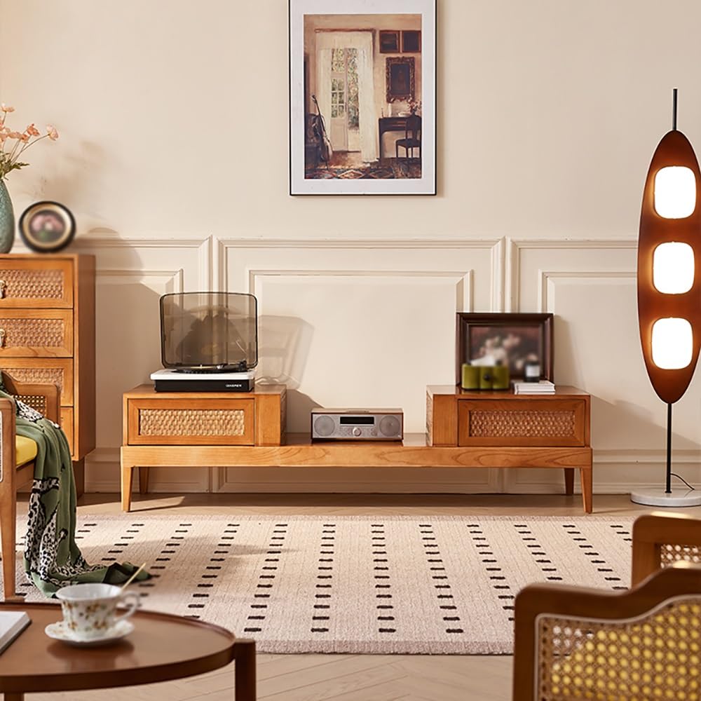 180cm Solid Wood Rattan TV Stand with Storage Cabinet