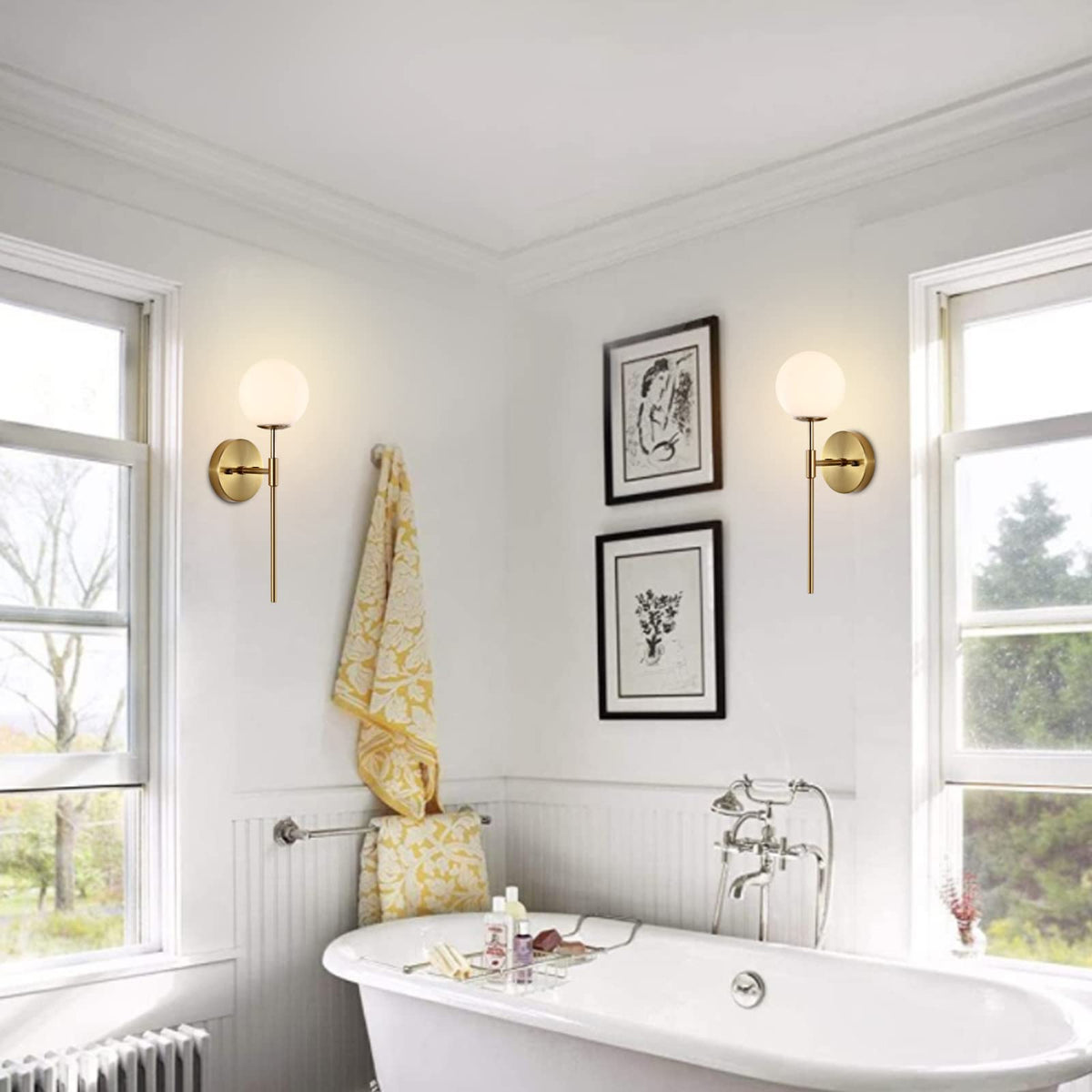 BYOLIIMA Gold Wall Sconce Set of 2 with White Globe Glass Shades