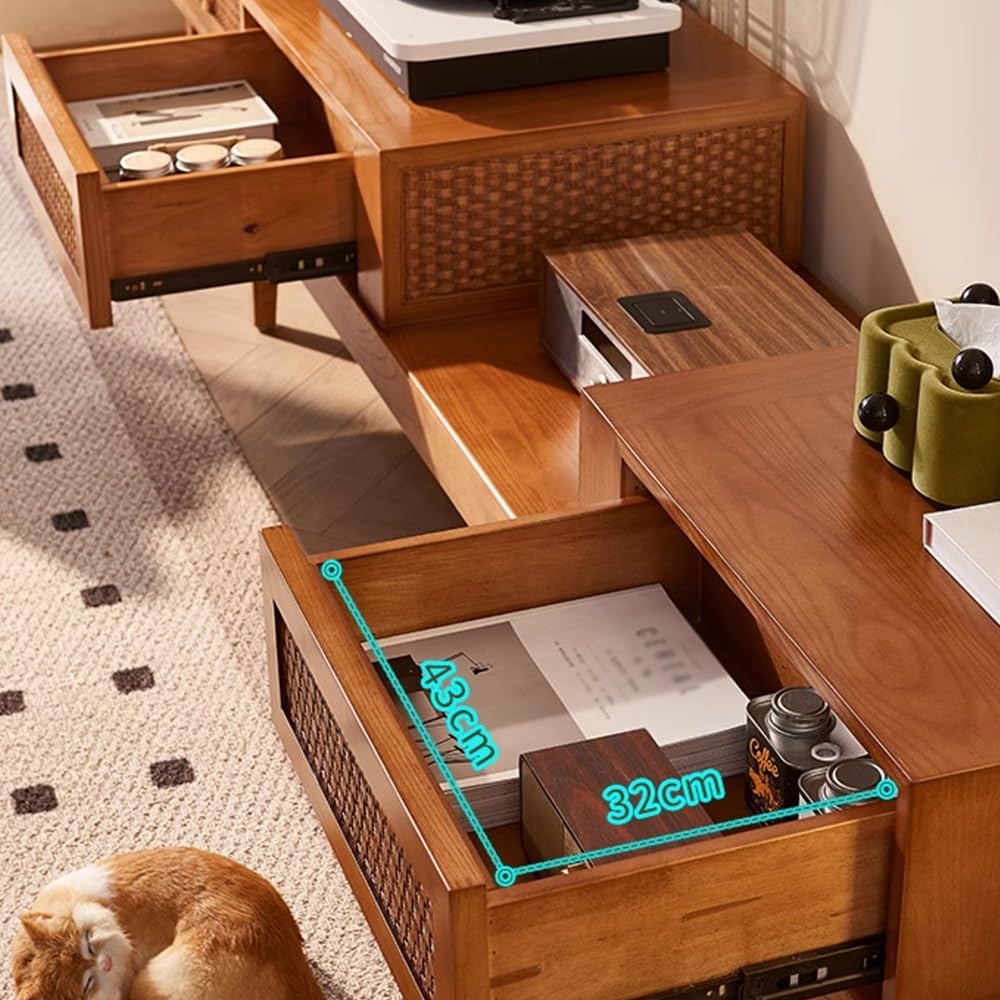 180cm Solid Wood Rattan TV Stand with Storage Cabinet