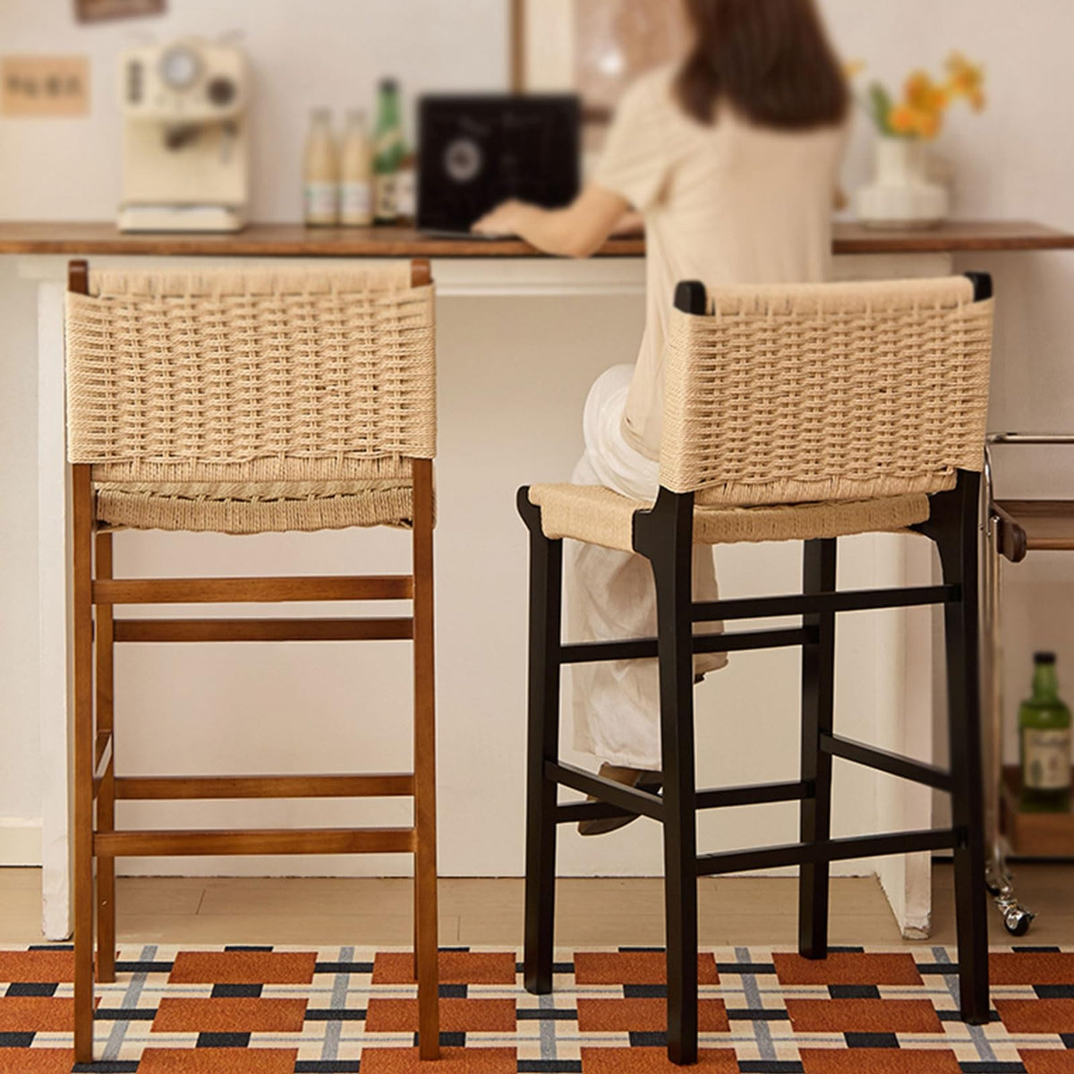 Modern Bar Stool with Wood Footrest for Kitchen Counter and Dining Room