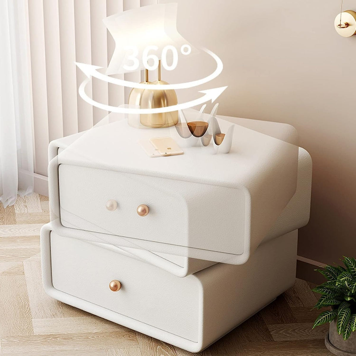 Modern Rotatable Nightstand with 2 Drawers for Bedroom Storage