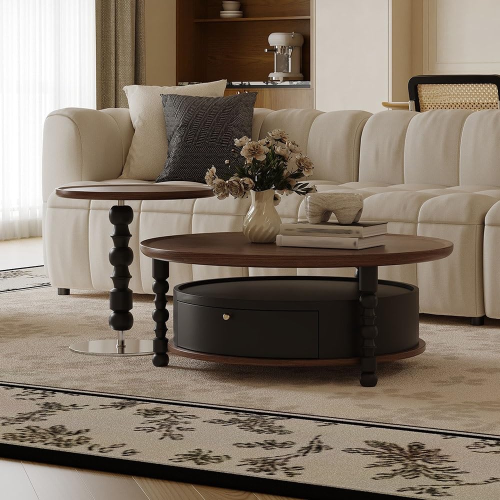 Round Coffee Side Table Set with Drawer Storage for Living Room Decor