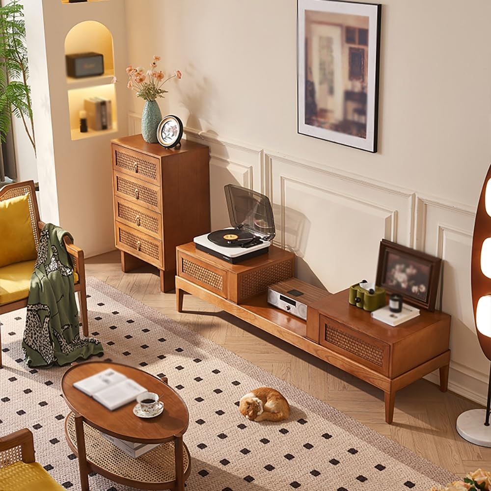 180cm Solid Wood Rattan TV Stand with Storage Cabinet