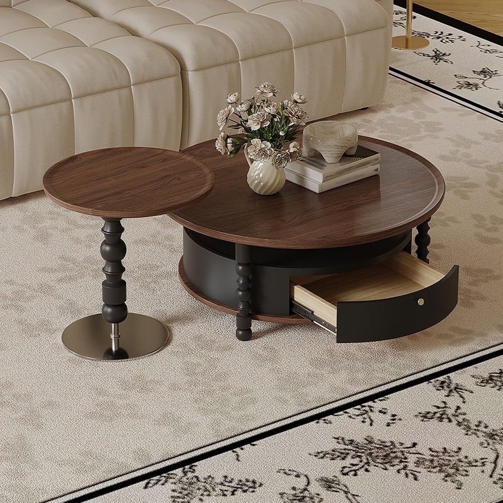 Round Coffee Side Table Set with Drawer Storage for Living Room Decor