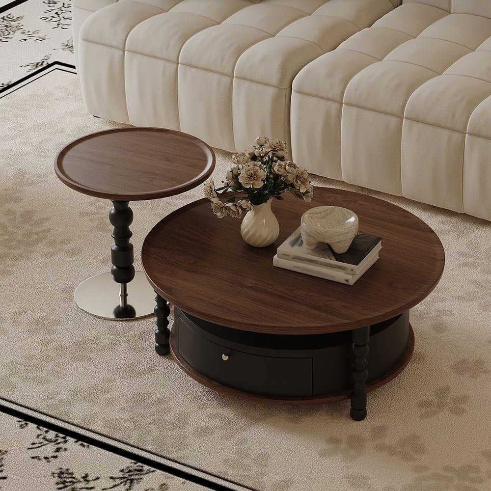 Round Coffee Side Table Set with Drawer Storage for Living Room Decor