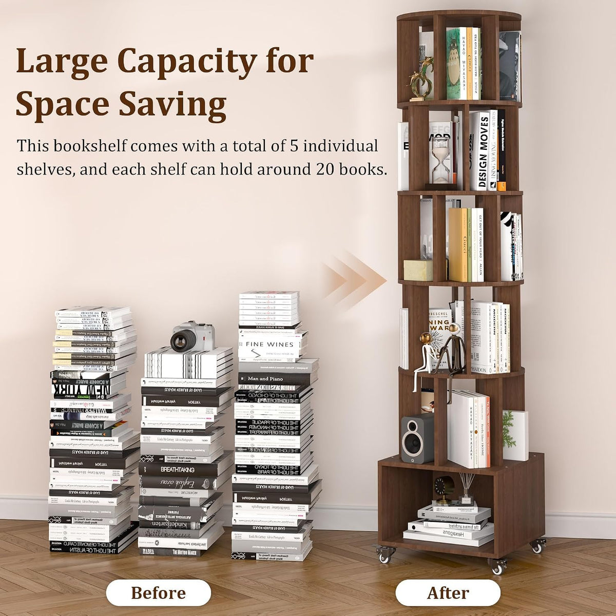 5 Tier Rotating Corner Bookshelf for Home Storage