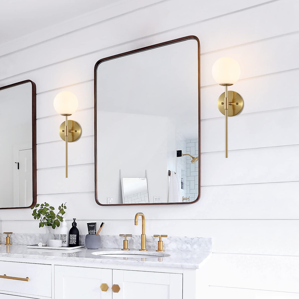 BYOLIIMA Gold Wall Sconce Set of 2 with White Globe Glass Shades