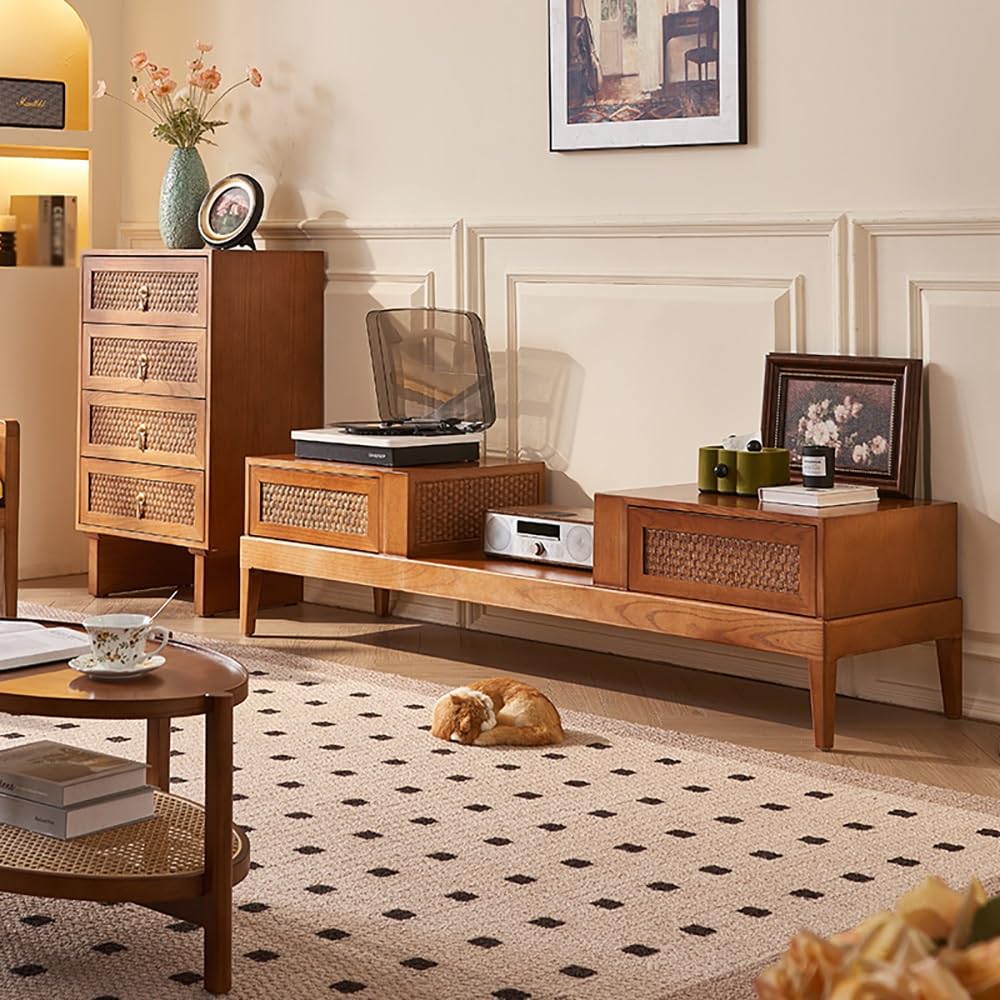180cm Solid Wood Rattan TV Stand with Storage Cabinet