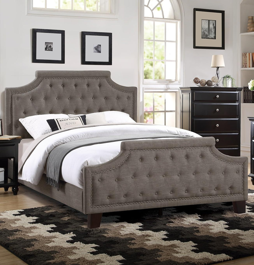 Brown King Size Upholstered Bed with Button Tufted Headboard & Footboard