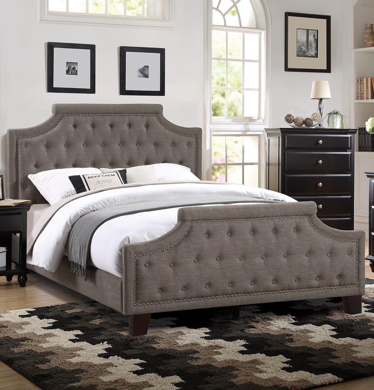 Brown King Size Upholstered Bed with Button Tufted Headboard & Footboard