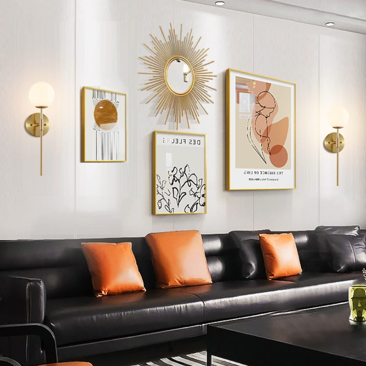 BYOLIIMA Gold Wall Sconce Set of 2 with White Globe Glass Shades