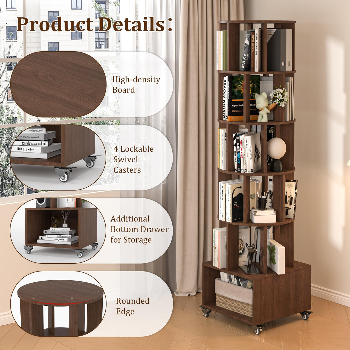 5 Tier Rotating Corner Bookshelf for Home Storage