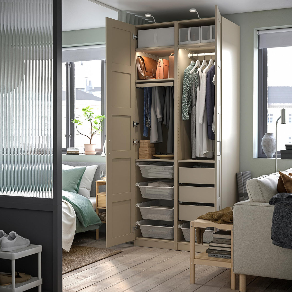 Grey Beige Wardrobe Combination with Storage 100x60x236cm
