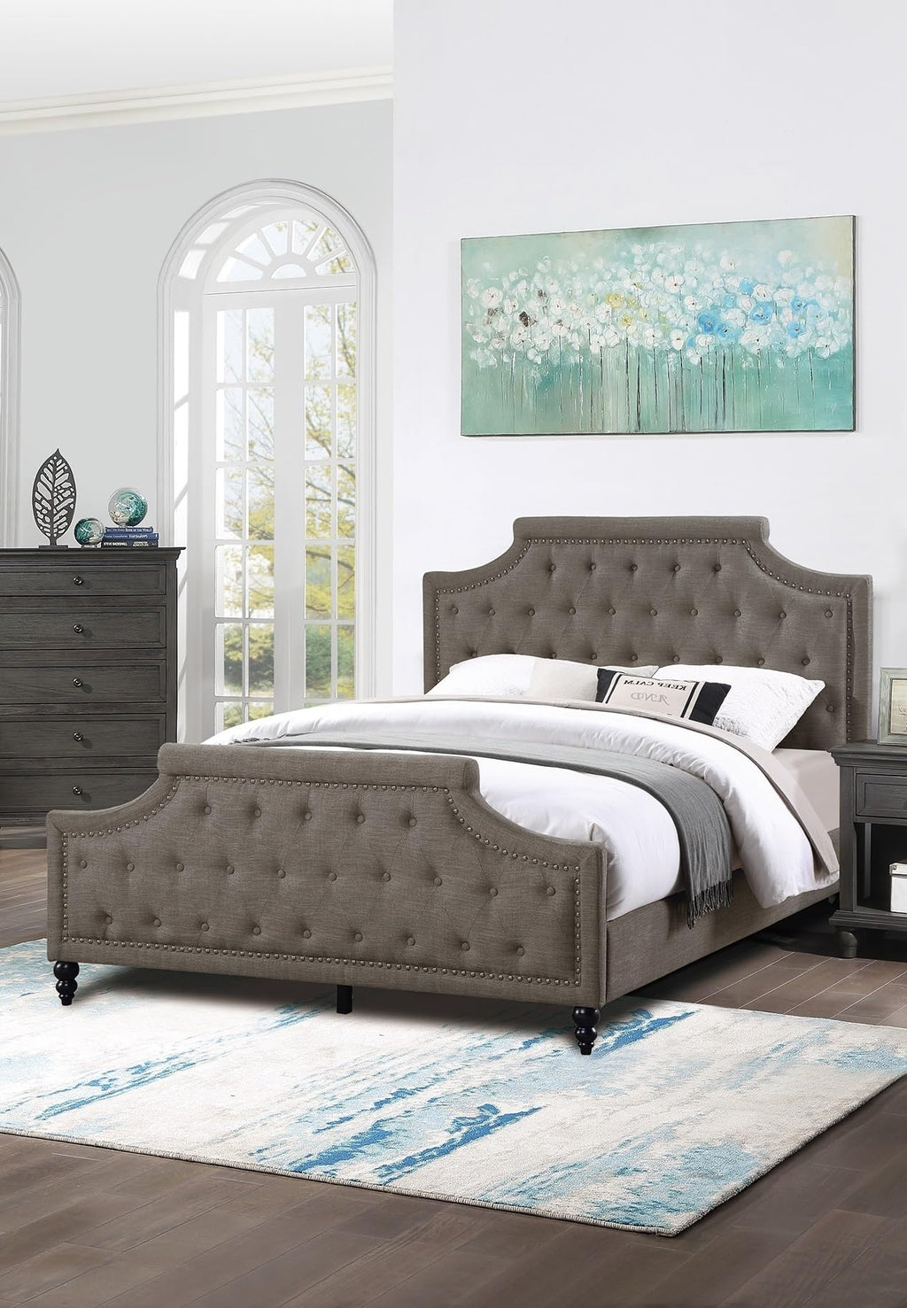 Brown King Size Upholstered Bed with Button Tufted Headboard & Footboard